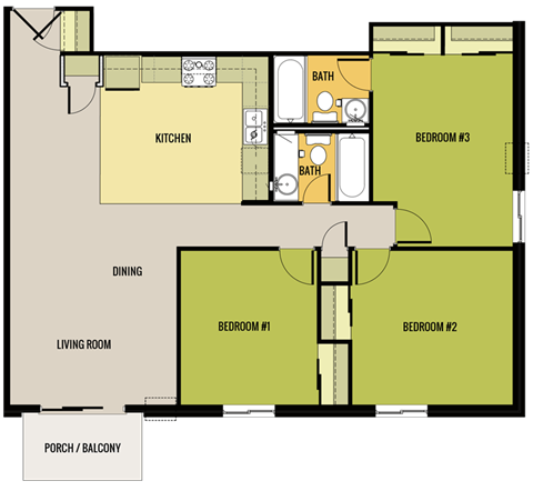 Floor plan for 3 beds, 2 baths, 1025 sqft